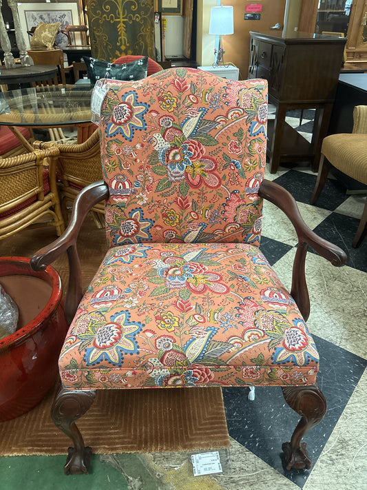 Chippendale Armchair Melon w/ Floral Tapestry