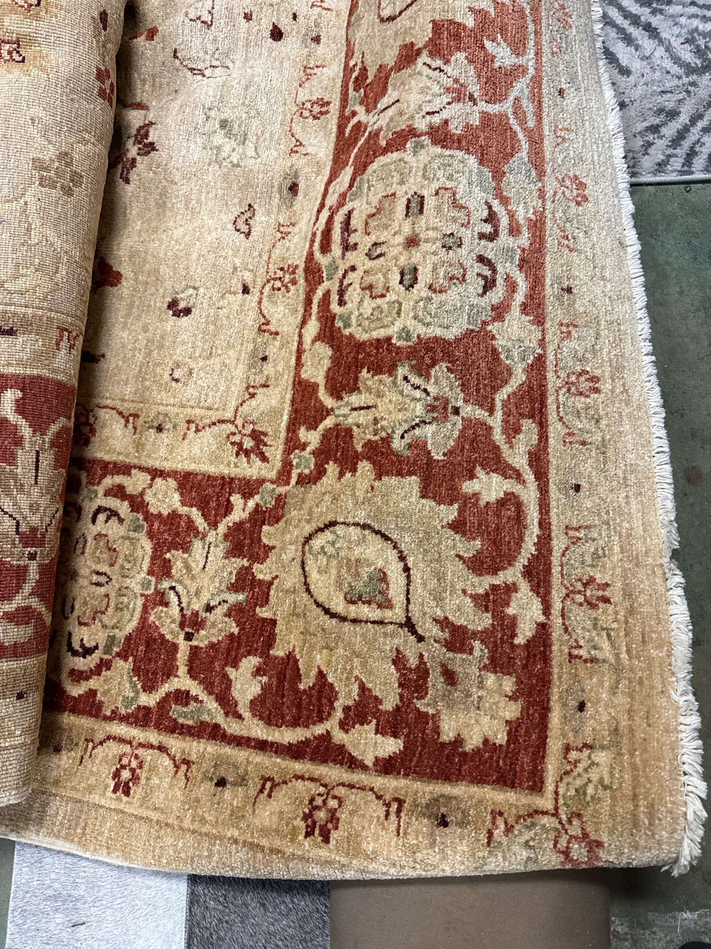 Handknotted Wool Rug w/ Fringe- Ivory and Rust ( 8x12)