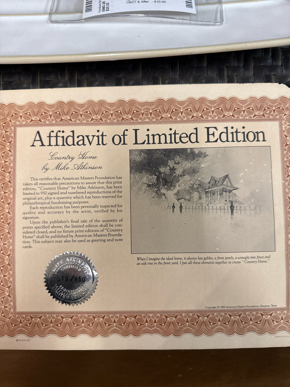 Signed & #'d L.E. Print "Country Home"by-M. Atkinson-w/Wood Frame w/COA on back