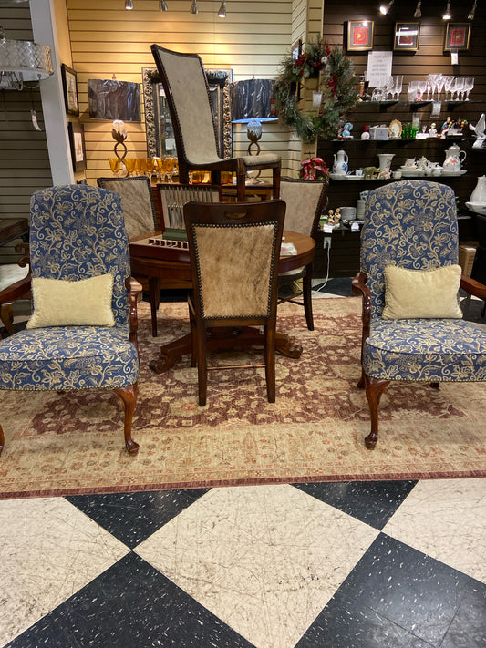 PAIR - Blue & Gold Floral Upholstered Arm Chairs