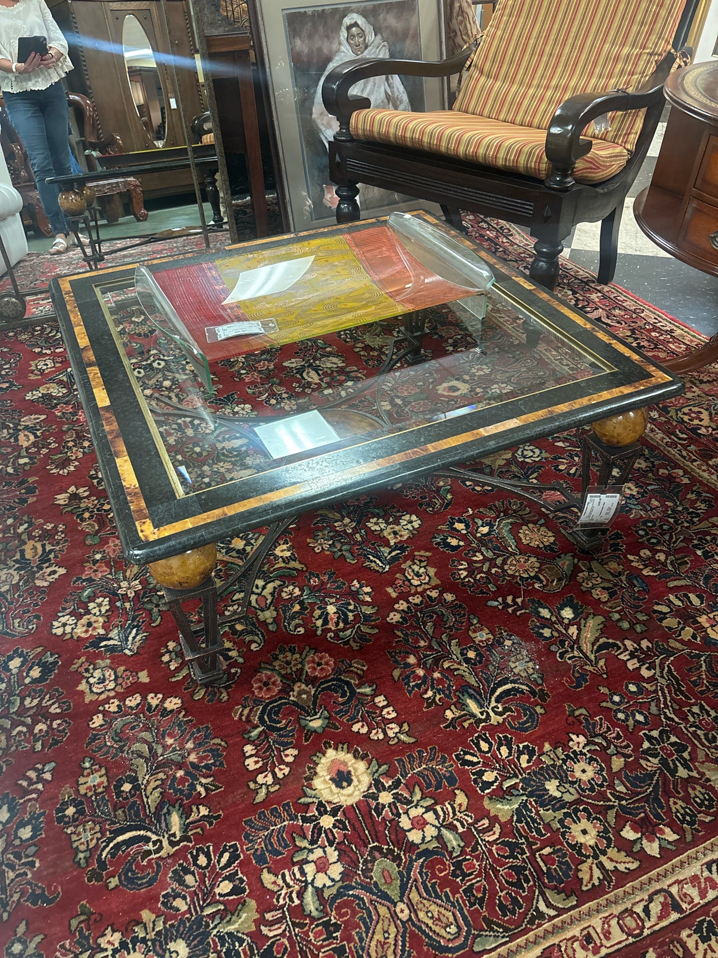 Norwalk Italian Art Deco Iron & Granite Coffee Table w/Glass Top