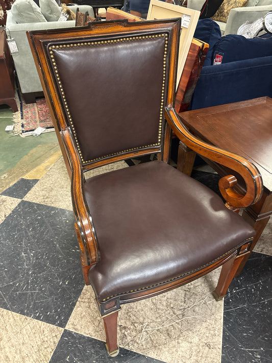 Hickory White X Back Wood Armchair w/ Brown Leather Seats and Nailheads