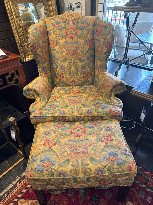 Century Wingback w/Ottoman-Tan/Pink w/Nailhead