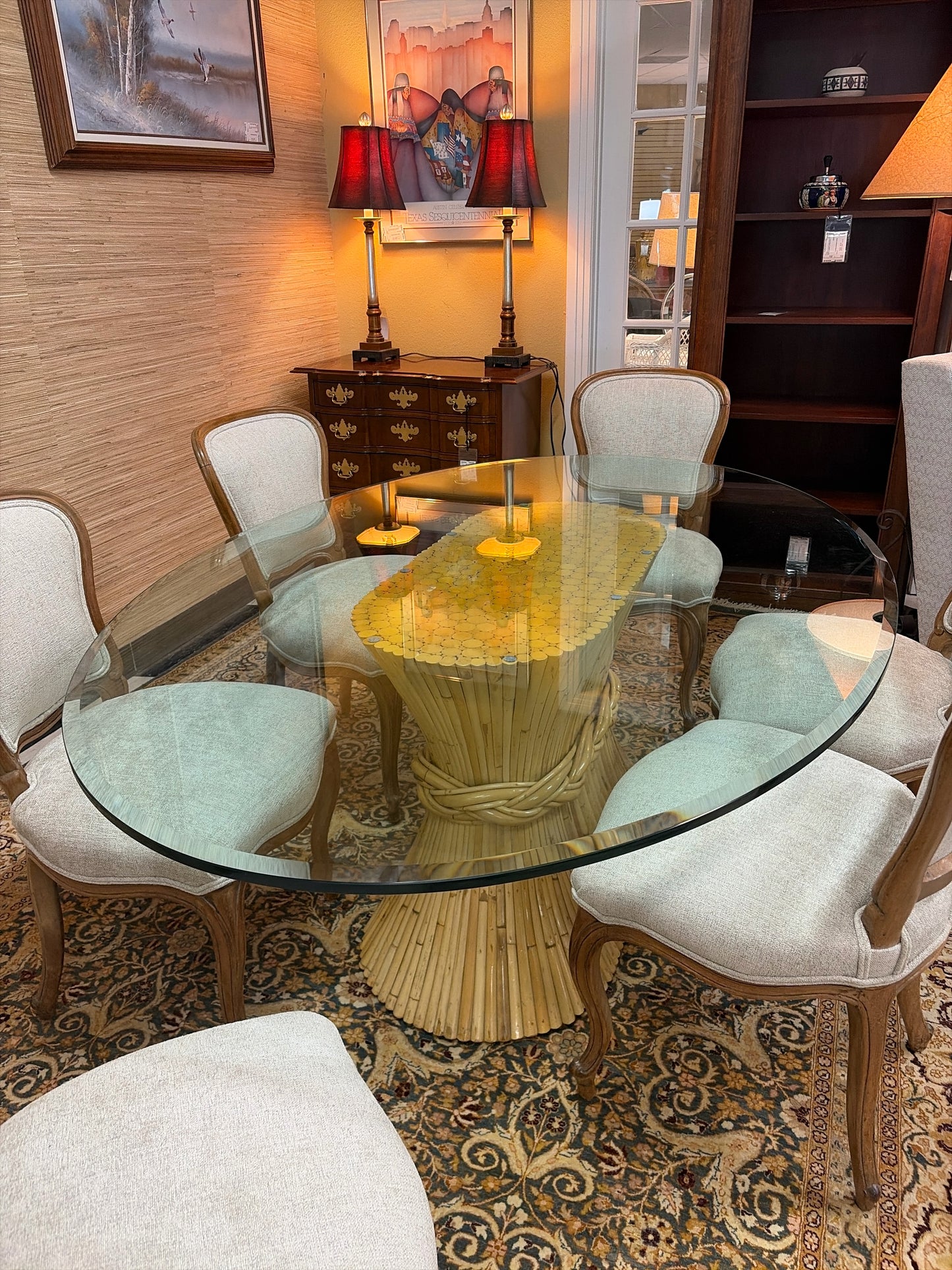 McGuire Oval Beveled Glass Dining Table w/Bamboo Base  (74"L x 50"W)