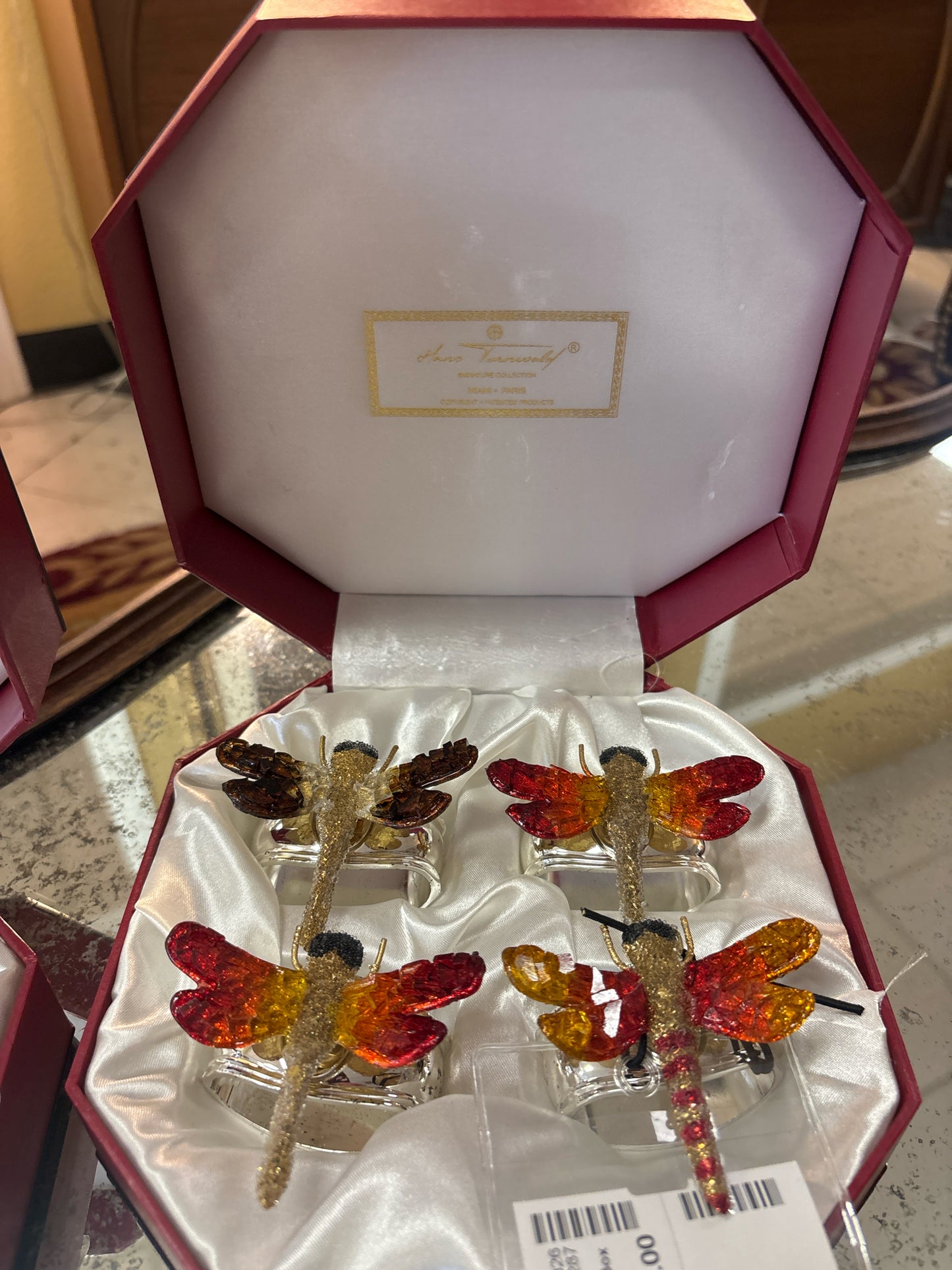SET of 4 Hans Turnwald Stainless & Beaded Dragonfly Napkin Rings in Box