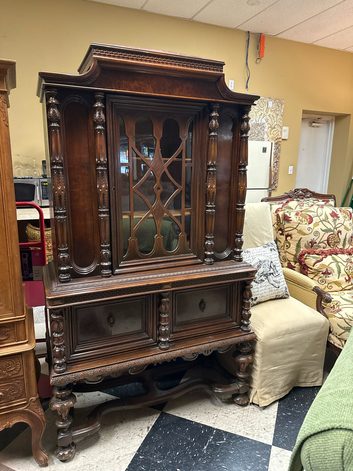 Antique Jacobean-sytyle "Speakeasy" Bar & Display w/Key inside w/Dark Wood Finis