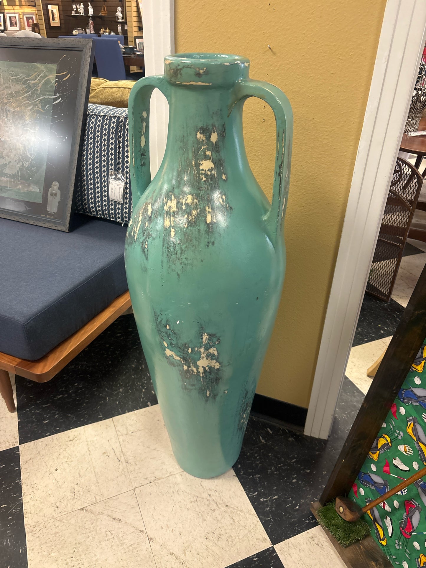 46" Tall Galloway Turquoise Floor Vase/Urn w/ 2 Handles