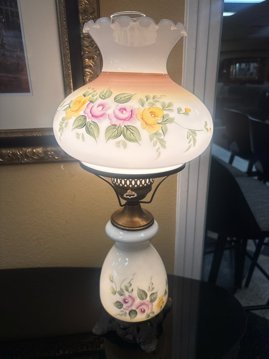 Gone w/the Wind Parlor Lamp w/Milk Glass Globe& Hand Painted Floral Motifs-3 way