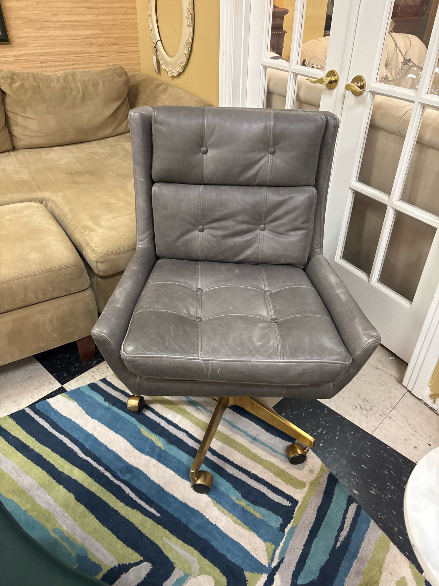 Gray Leather Rolling Chair w/ Brushed Gold (new $1100)