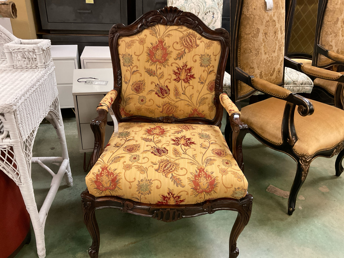 Ethan Allen Upholstered Armchair w/ Carved Wood