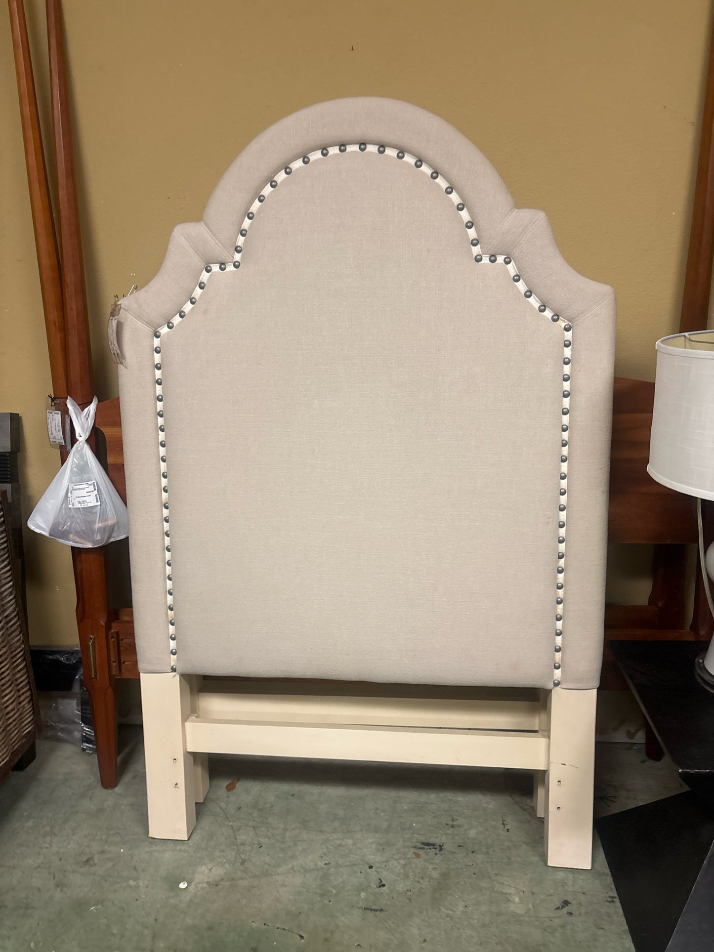 Twin Linen Upholstered Bed w/ Nailheads (HB/Rails/HW attached to rails)