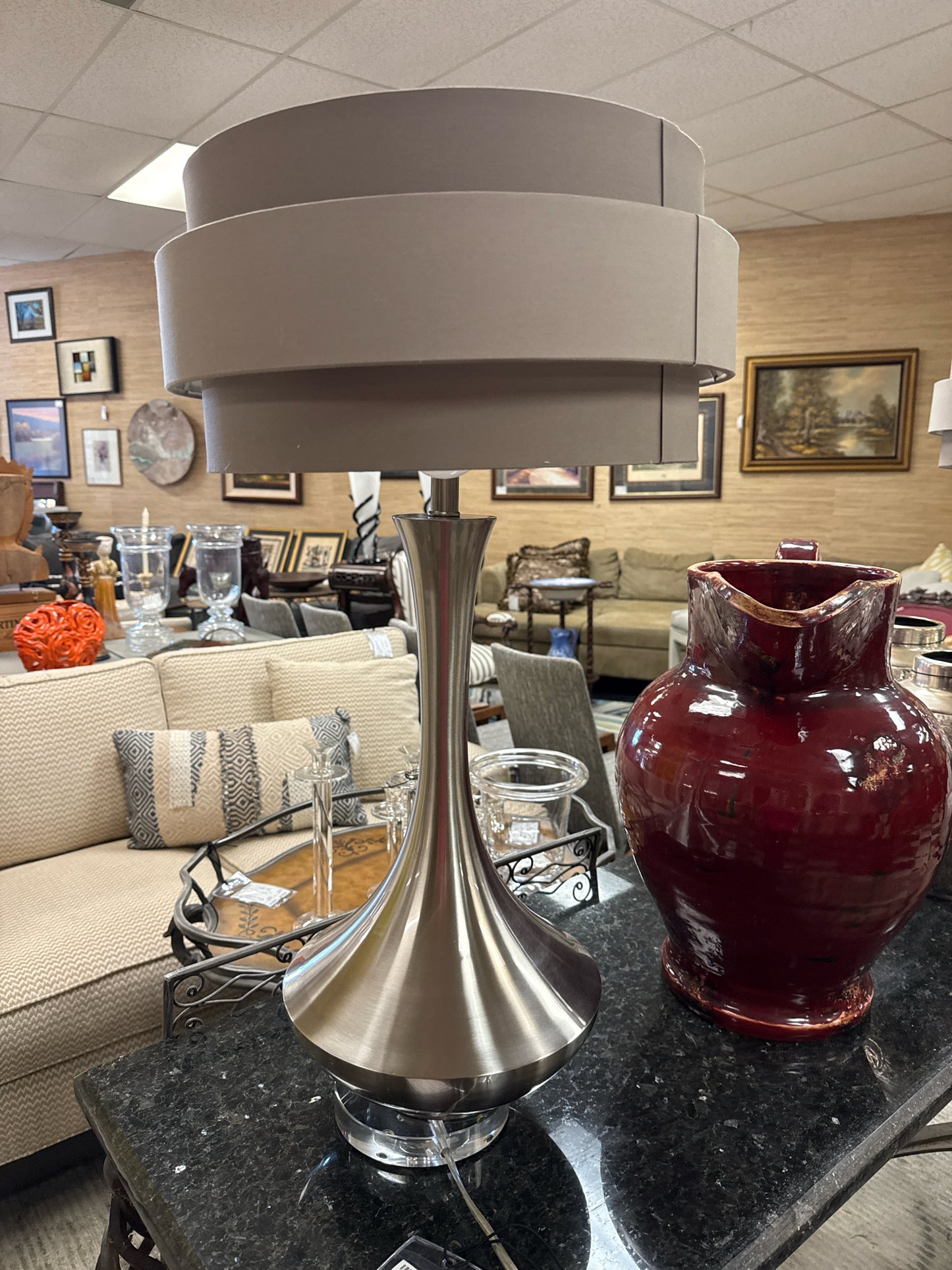PAIR of John Richard Table Lamps w/ Silver Base & Taupe Silk Shades