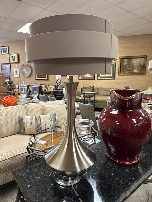 PAIR of John Richard Table Lamps w/ Silver Base & Taupe Silk Shades