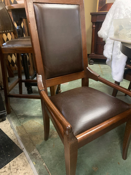 SET - 5 Italian Wood w/ Brown Leather Dining Chairs (One leather seat pressed)