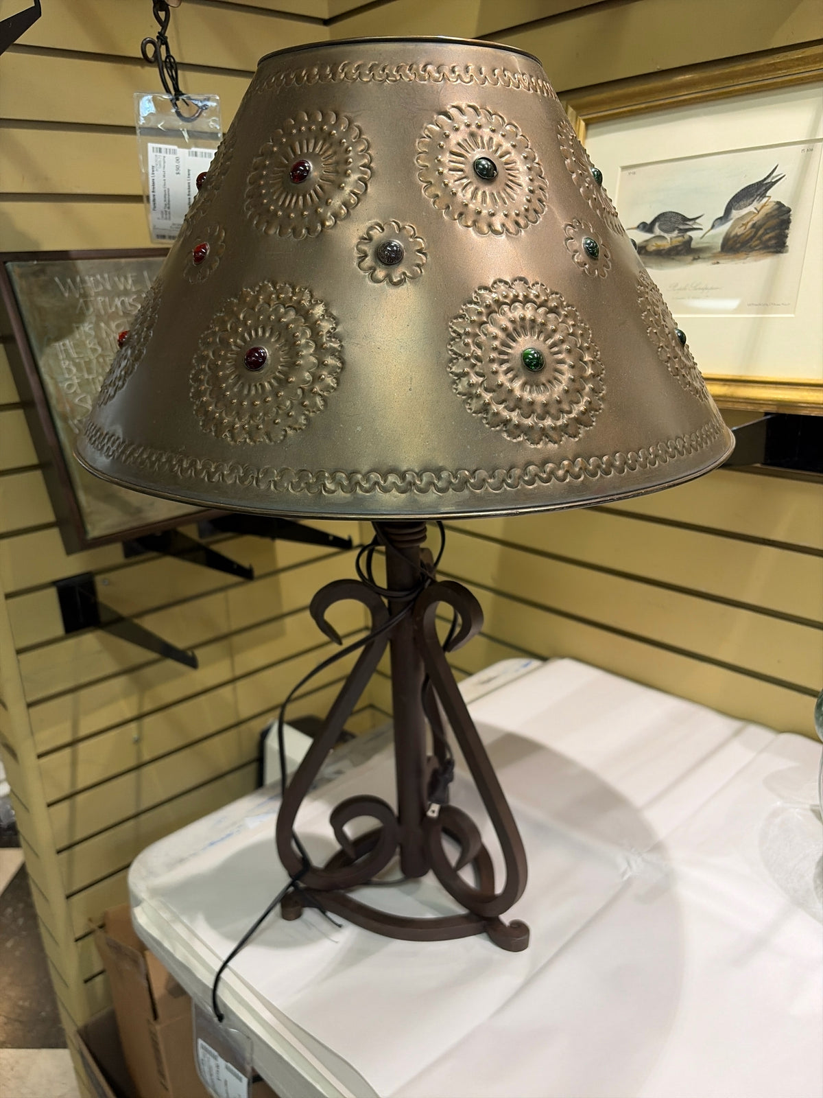 Spanish/Southwest Wrought Iron Lamp w/Handcrafted"Hojalata"Tin Jewel Shade