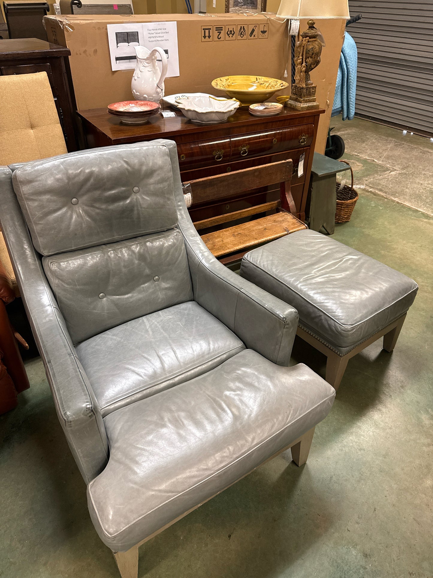Whittemore-Sherrill Aqua Leather Chair w/Matching Ottoman