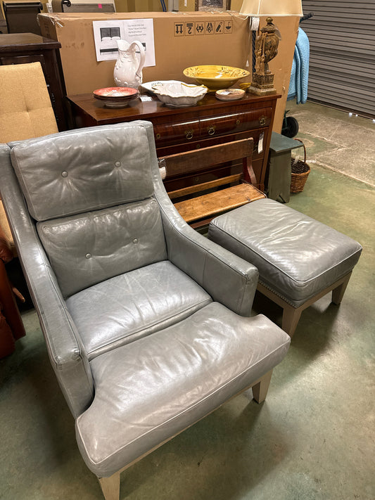 Whittemore-Sherrill Aqua Leather Chair w/Matching Ottoman