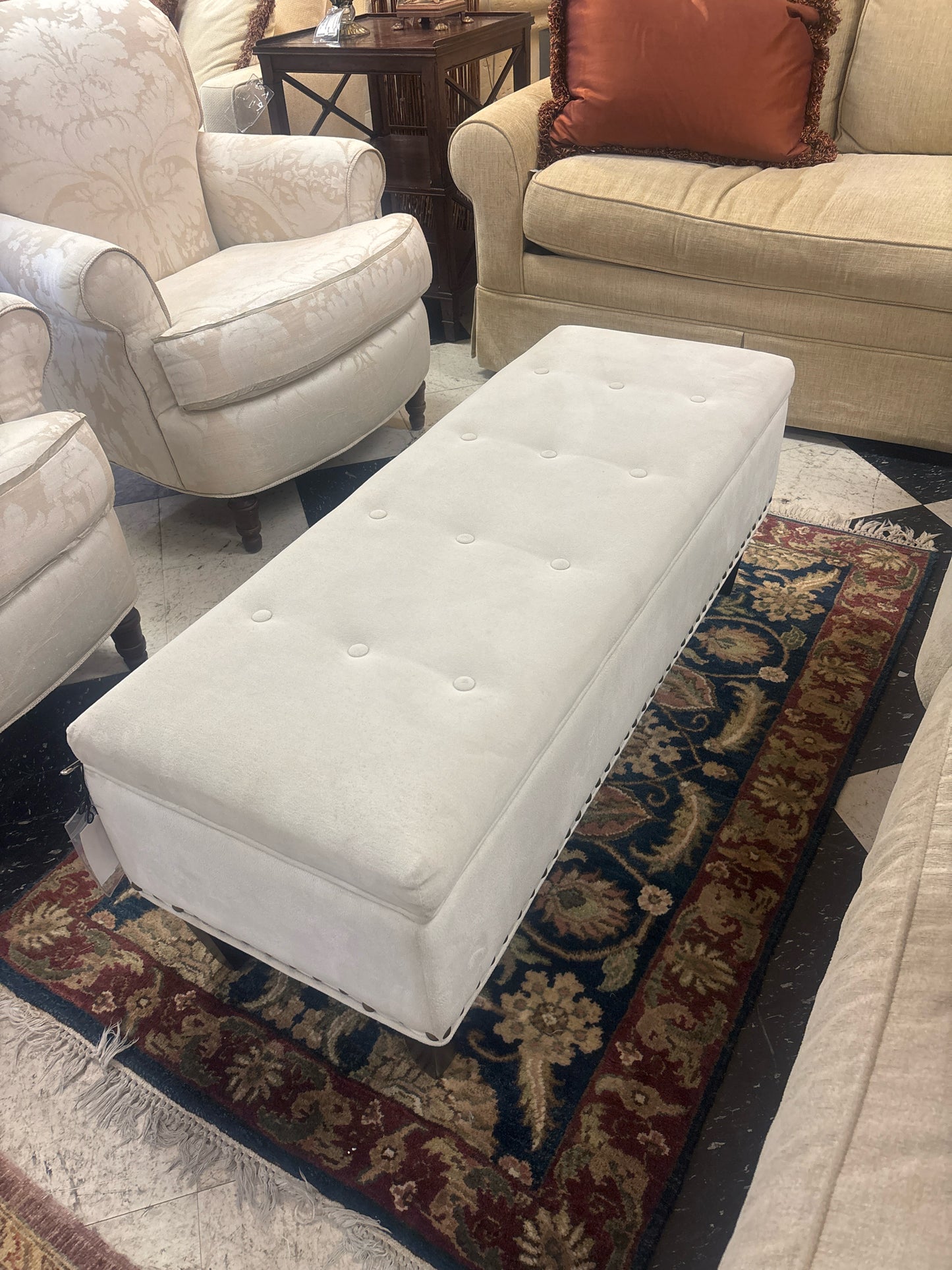 Cream Tufted Bench w/ Flip Top & Nailheads