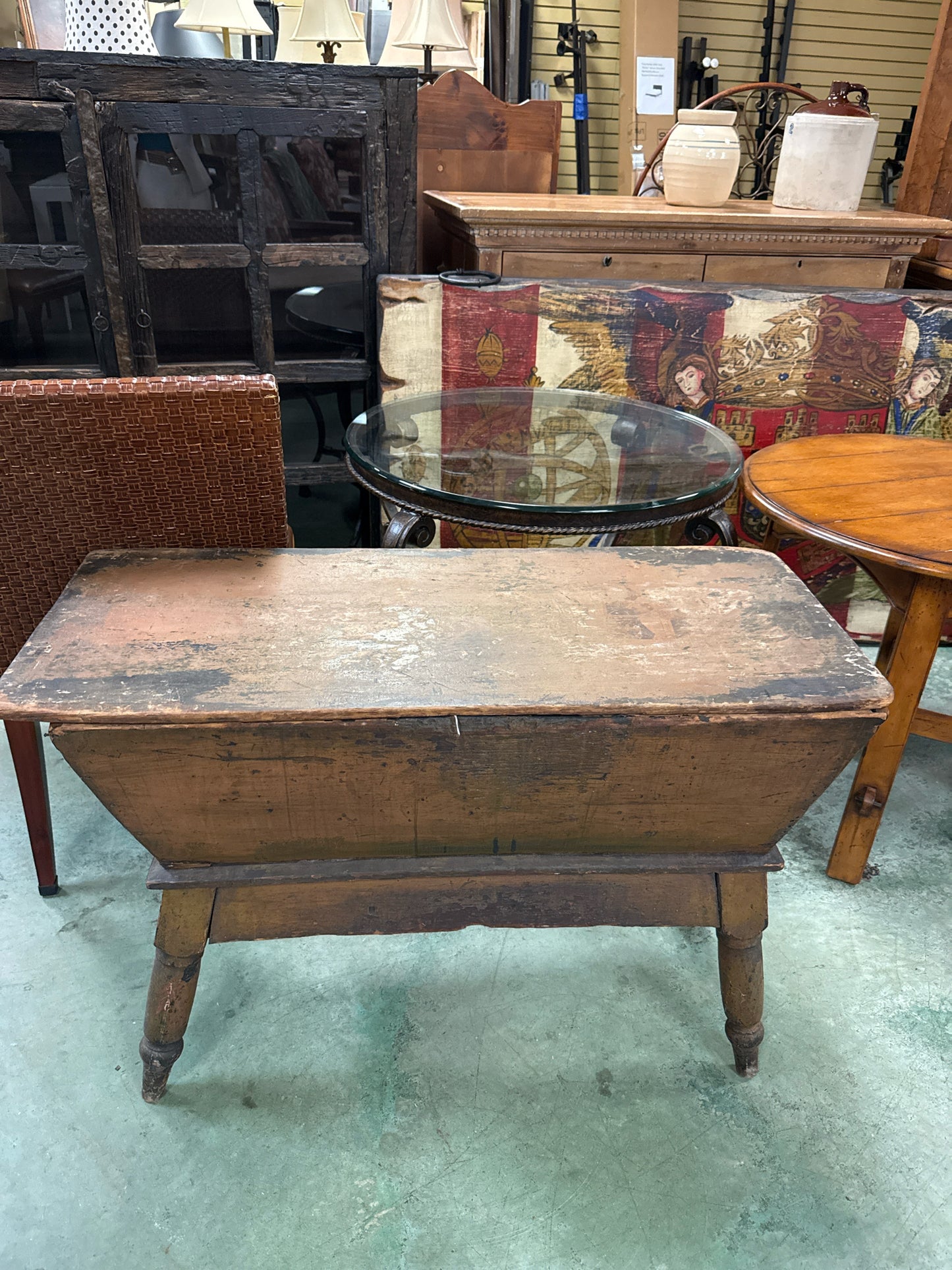Round Top-Antique Wooden Planter/Dough Box w/Wood Top