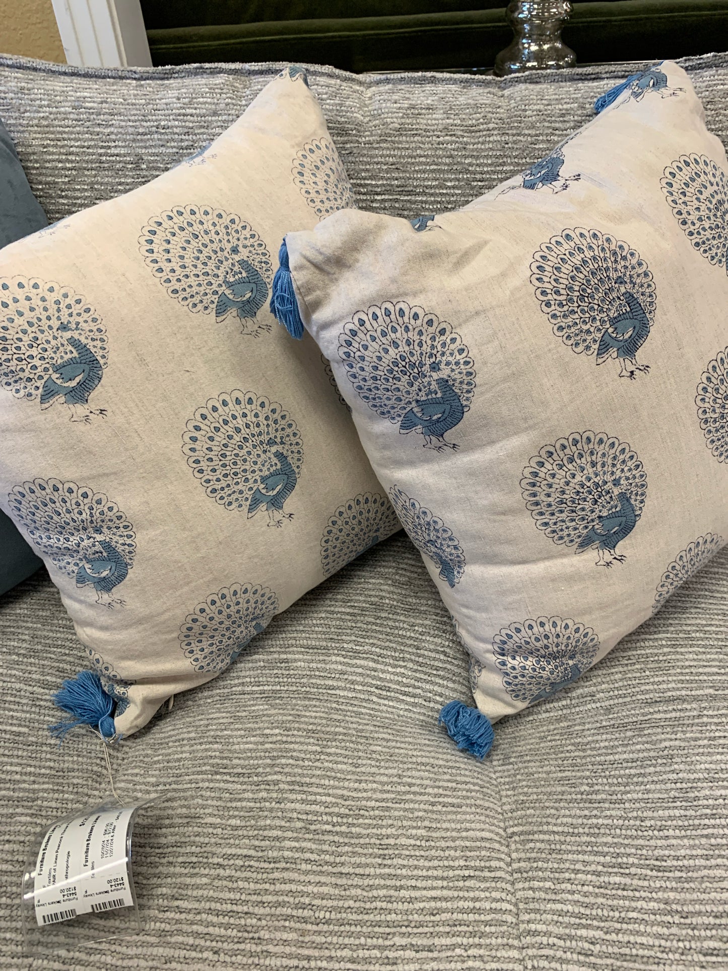 PAIR of Linen Peacock Throw Pillows