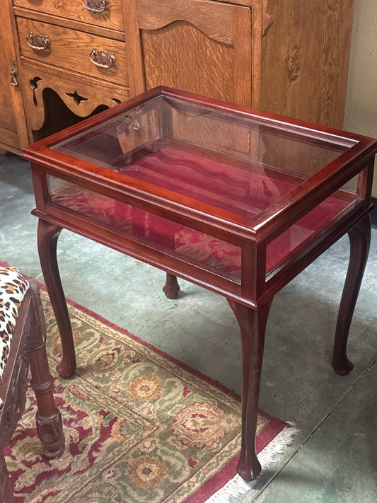 Wooden & Glass Display Case w/ Curved Legs & Red Velvet (22 1/2x17x24)