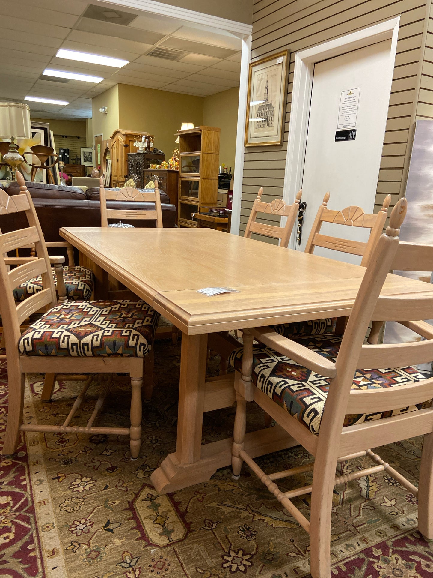 Dining Room Table w/ 2 Leafs &  6 Southwest Upholstered Chairs