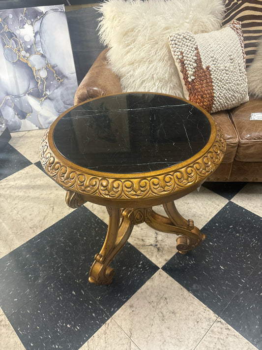 Round Accent Table Gold Ornate w/Marble Top