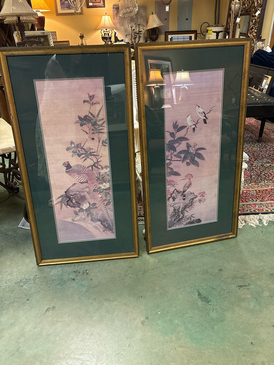 PAIR of Mid 20th Century Japanese Bir Prints in Gold Frames (22x42)