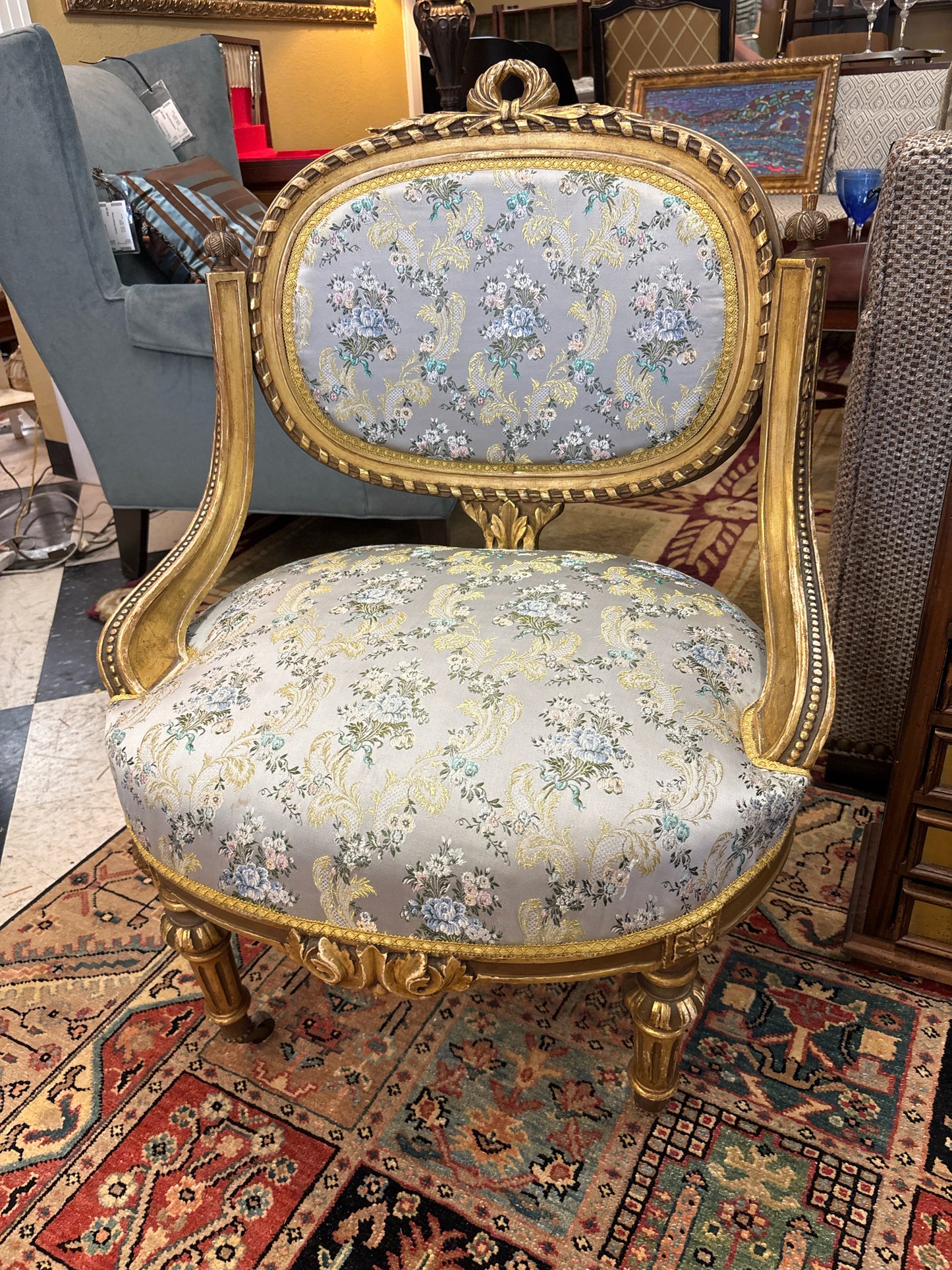 Antique Decorative Chair w/Silk Upholstery Gold Wood Legs