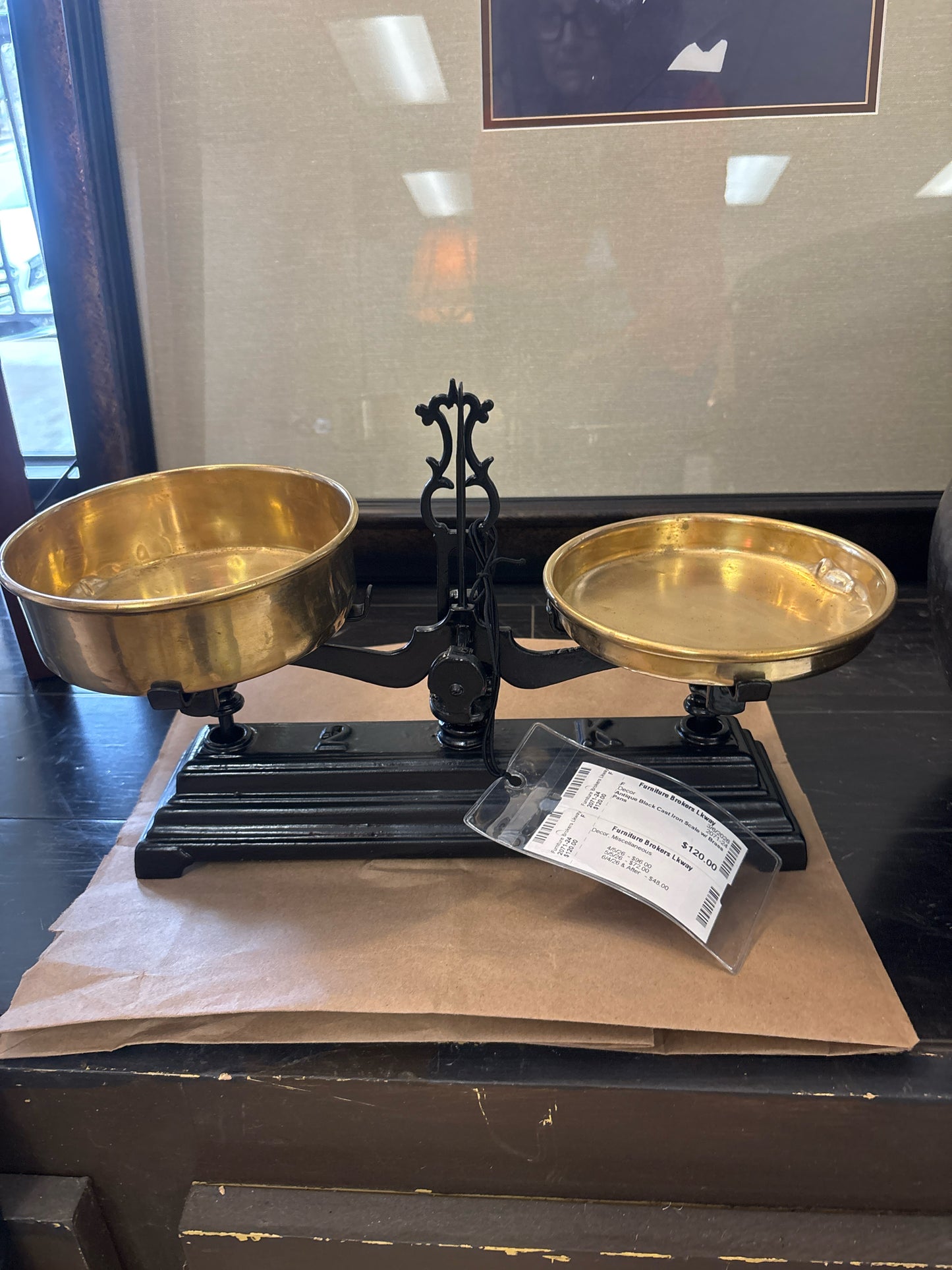 Antique Black Cast Iron Scale w/ Brass Pans