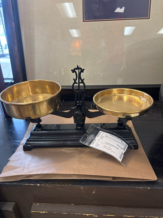 Antique Black Cast Iron Scale w/ Brass Pans