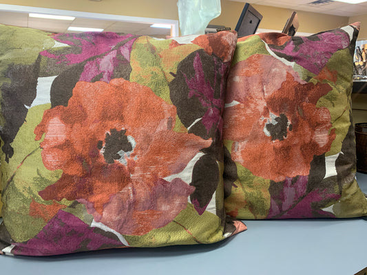 PAIR - DV Kapp Pillows Brown w/ Fall Flowers