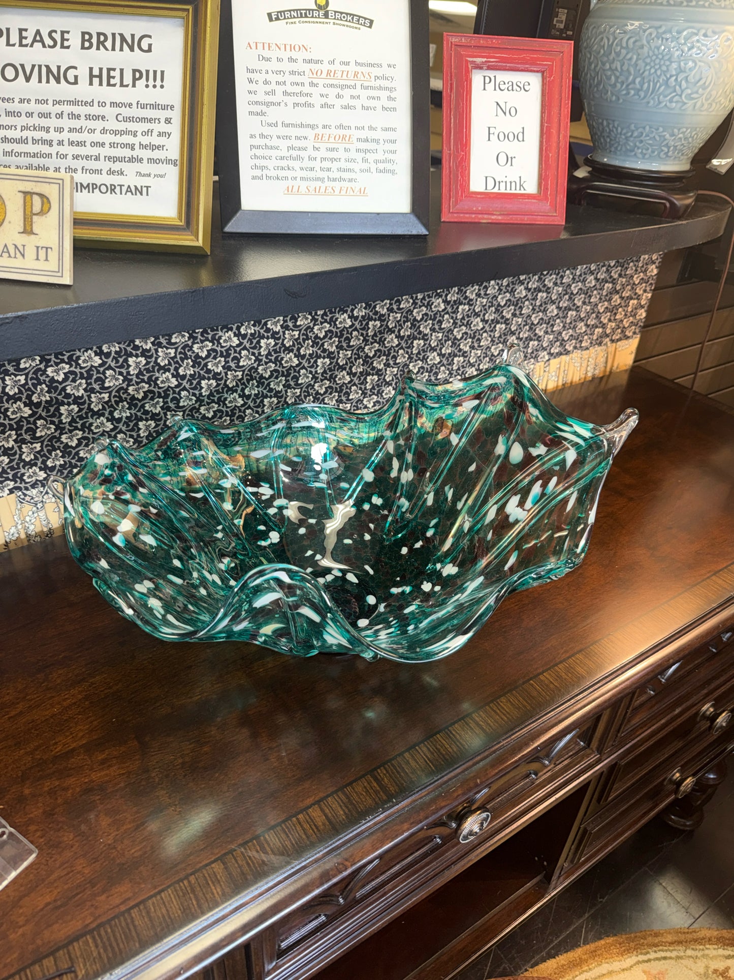 Hand Blown Teal/White/Purple Spattered Art Glass Footed Centerpiece Bowl w/Wavy
