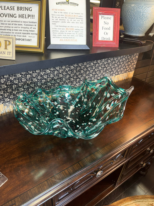 Hand Blown Teal/White/Purple Spattered Art Glass Footed Centerpiece Bowl w/Wavy