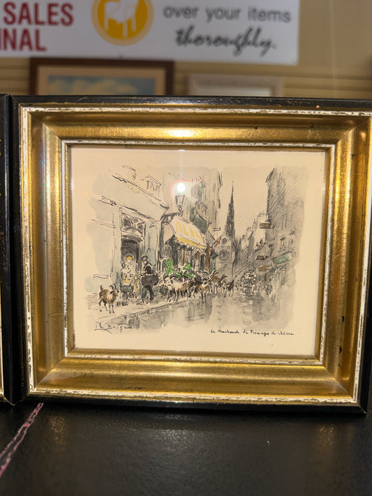 SET 4 Vintage French Watercolor Etching Depicting Paris Street Scenes w/Gold Fra