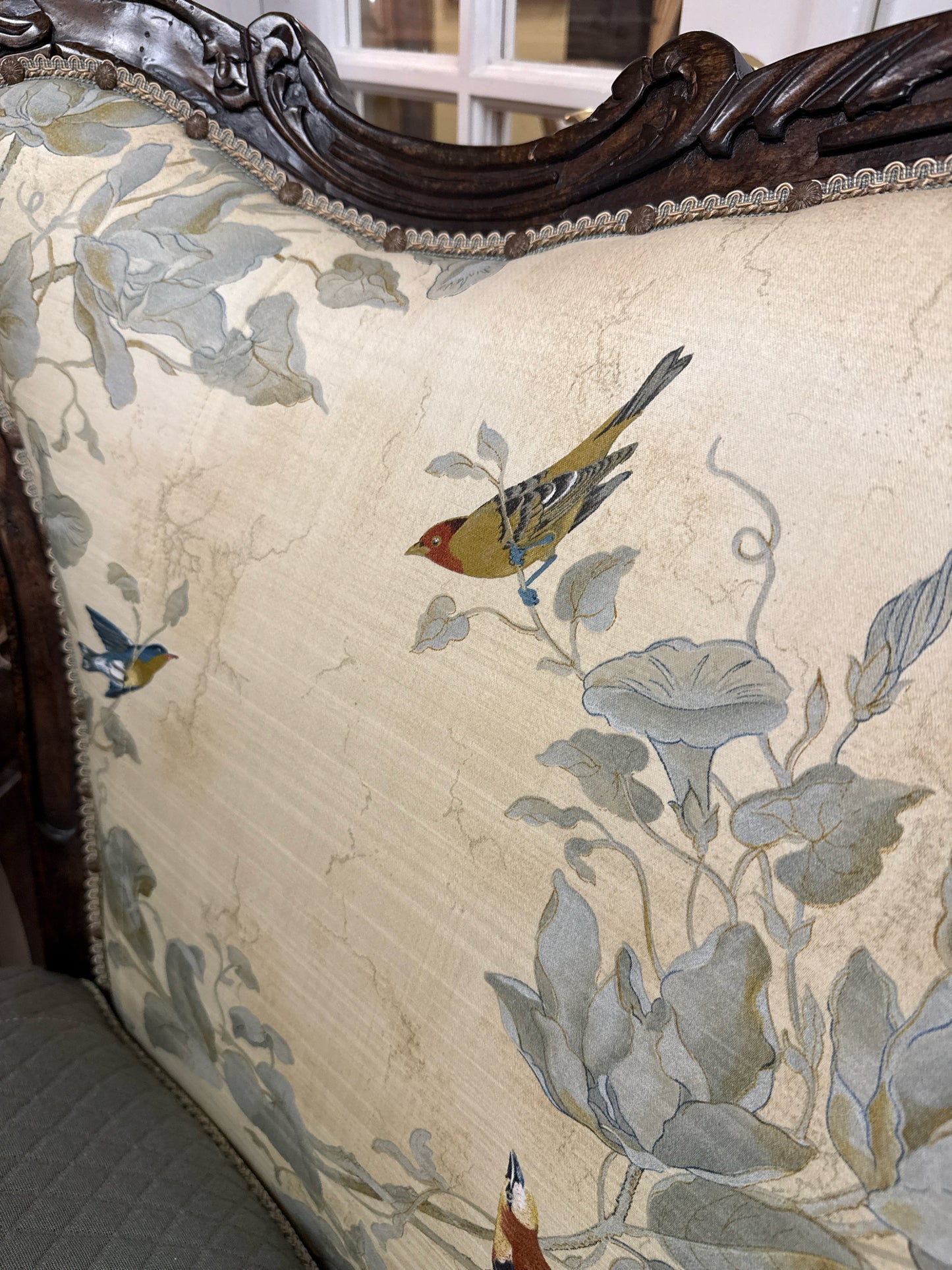 French Revival Parlor Settee-Upholstered/Tufted Blue/Cream/Wood Legs w/Mock