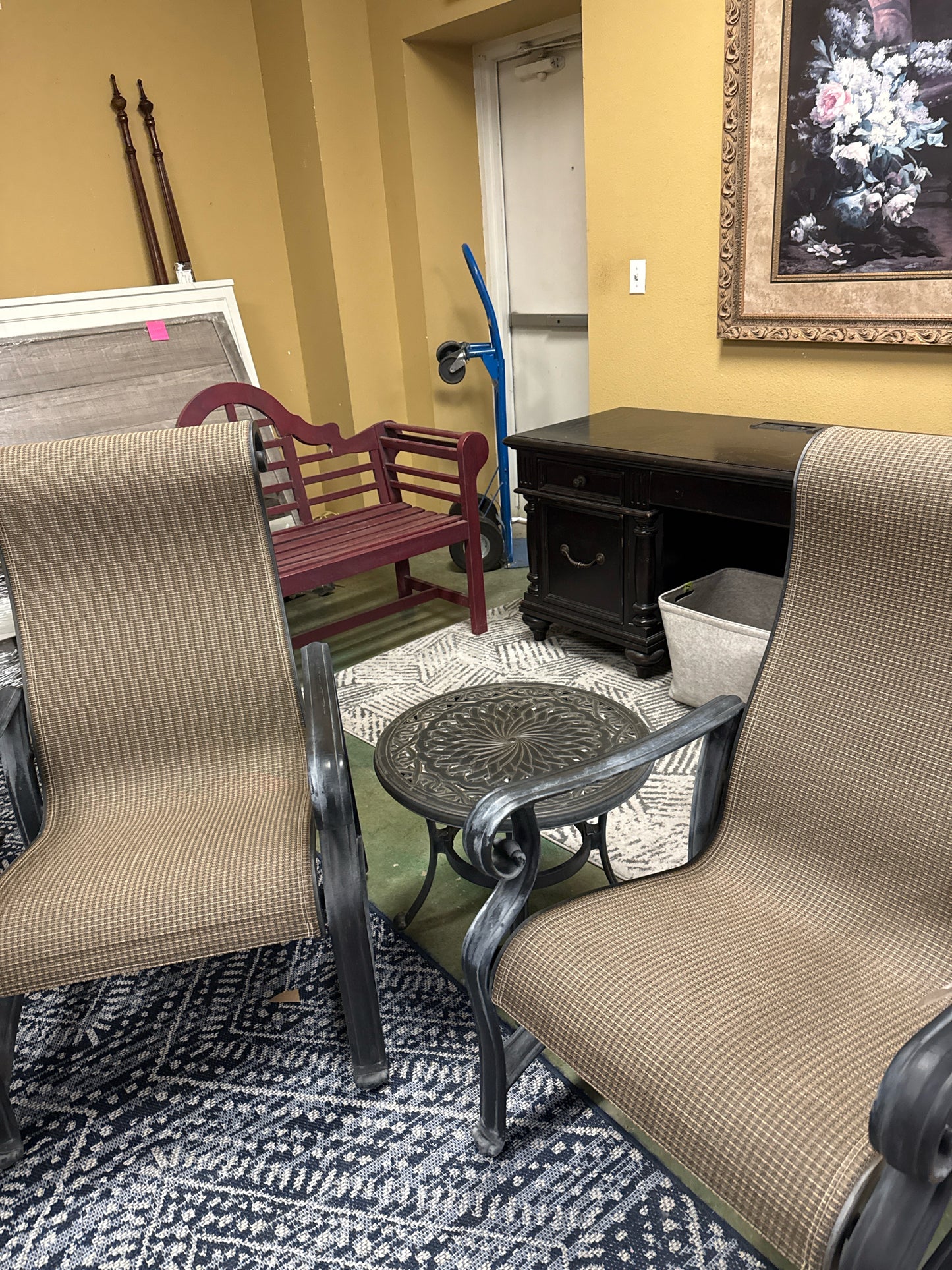 SET 5 Outdoor Set- 3 Black/Woven Arm Chairs w/Matching Foot Stool & Black Metal