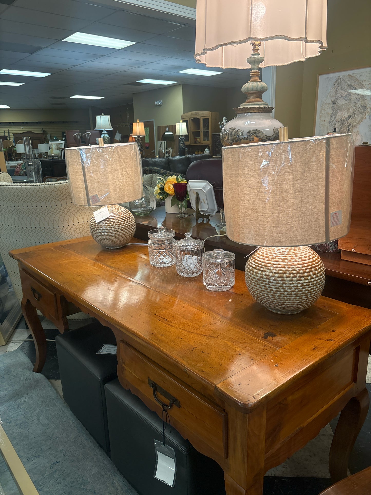 PAIR of NEW Uttermost Cream & Gold Ceramic Lamps w/ Shades