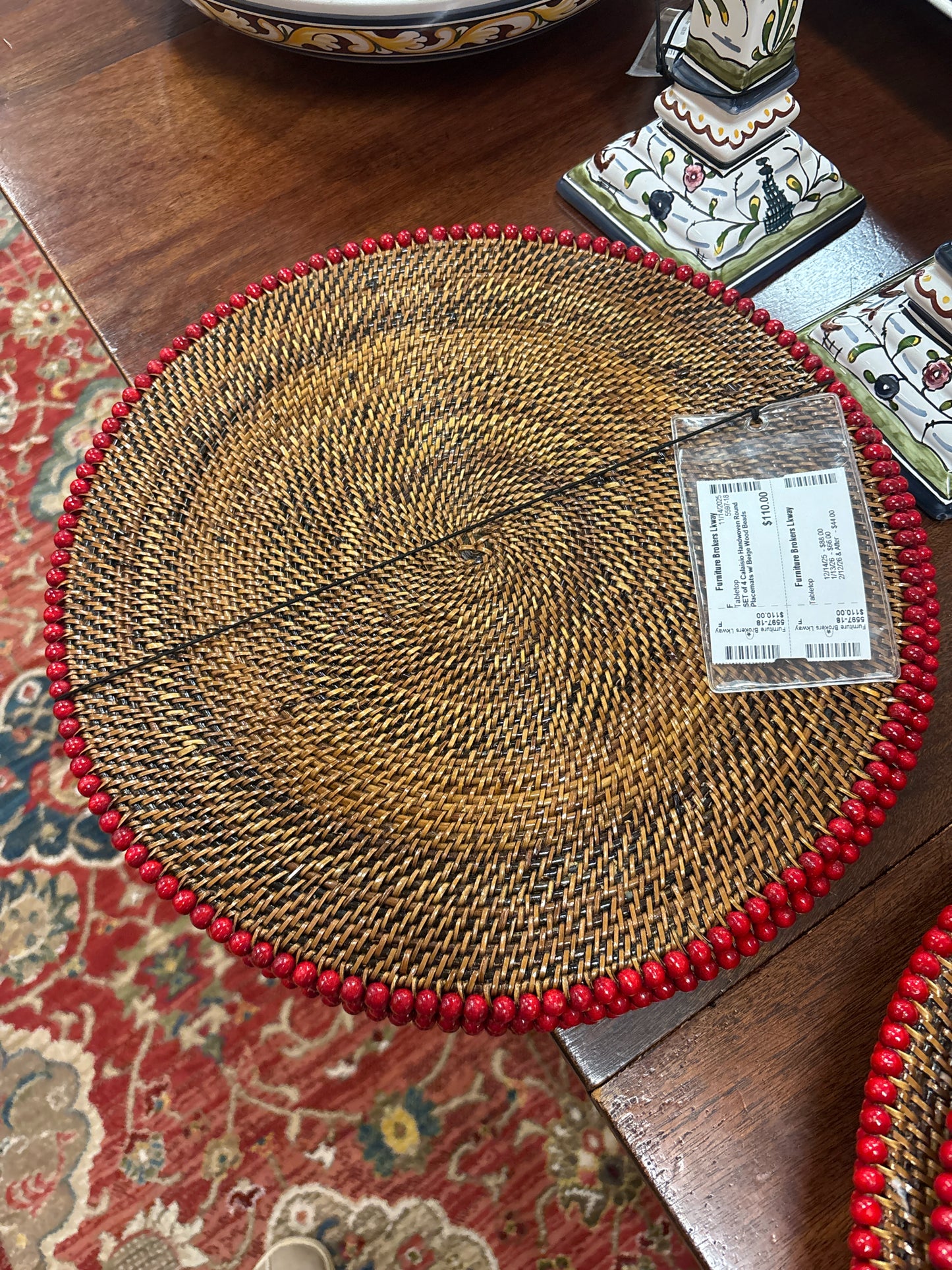 SET of 4 Calaisio Handwoven Round Placemats w/ Beige Wood Beads