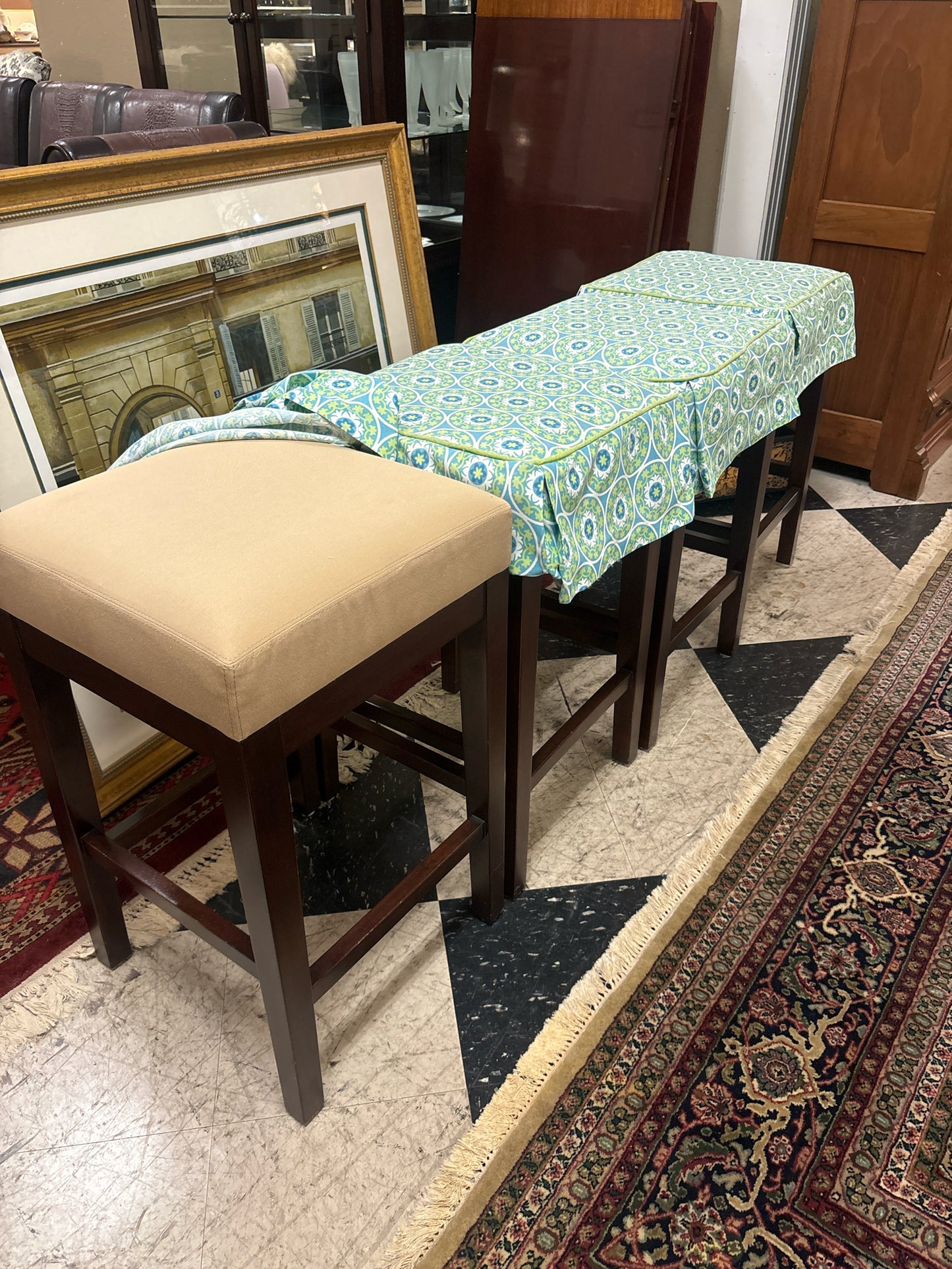 SET of 4 Ballad Design Counter Stools w/ Grn/Blue/White Velcro Covers