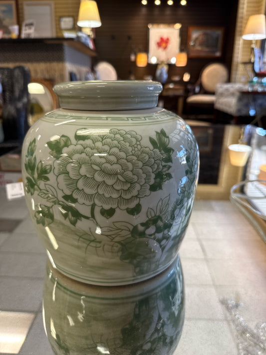 Green & White Ginger Jar w/ Peony Landscape