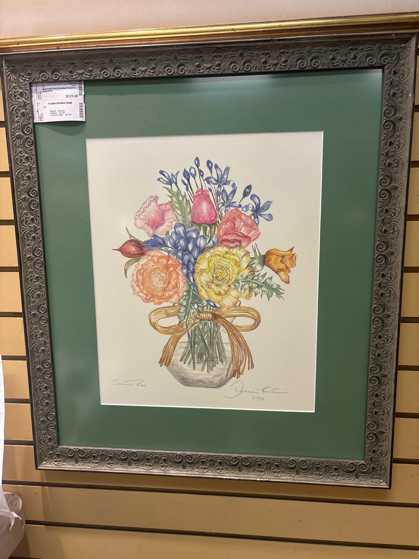 Multi Color Pencil Drawing-Flowers in Gray Frame