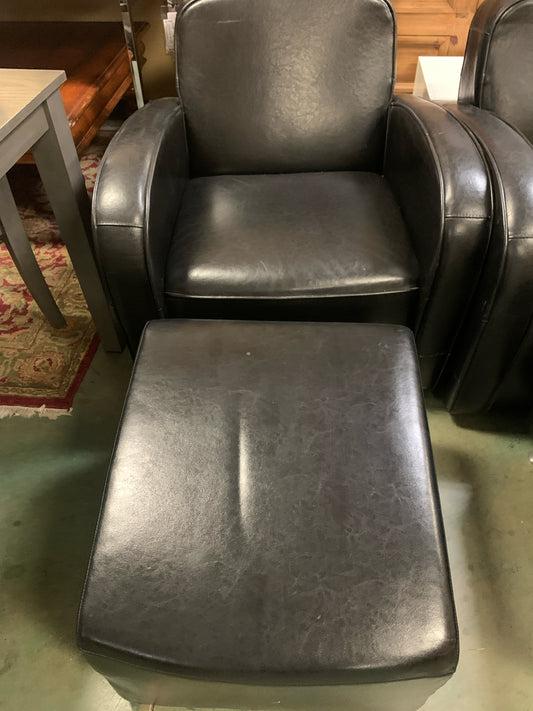 Modern Black Leather Club Chair w/ Ottoman