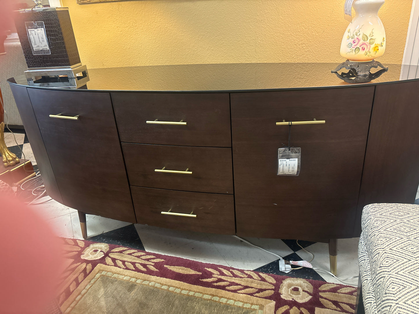 Surpan Osmond MCM Console - Acadia Wood Smoked Mango Finish Black Glass Top