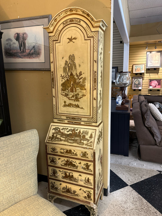 Butter Yellow Chinoiserie Secretary (2pcs) -Japan-style w/2-shelves & 6-drawers