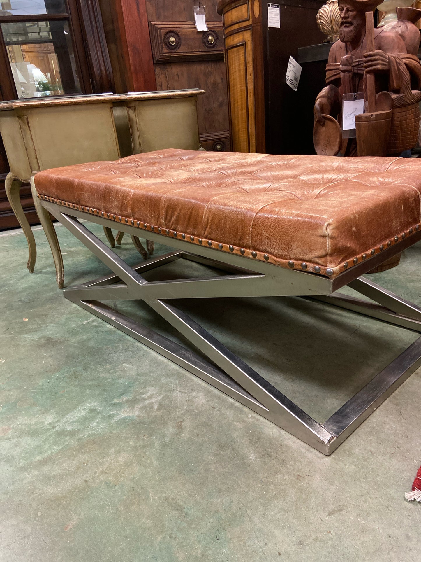 Bomber Leather Tufted Bench w/ Steel Base 43"