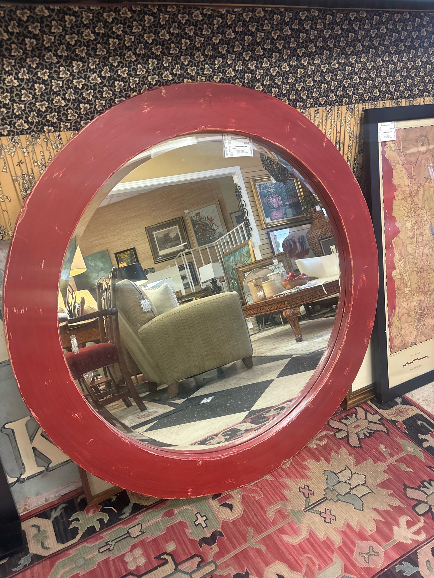 43" Round Red Rustic Beveled Solid Wood Mirror