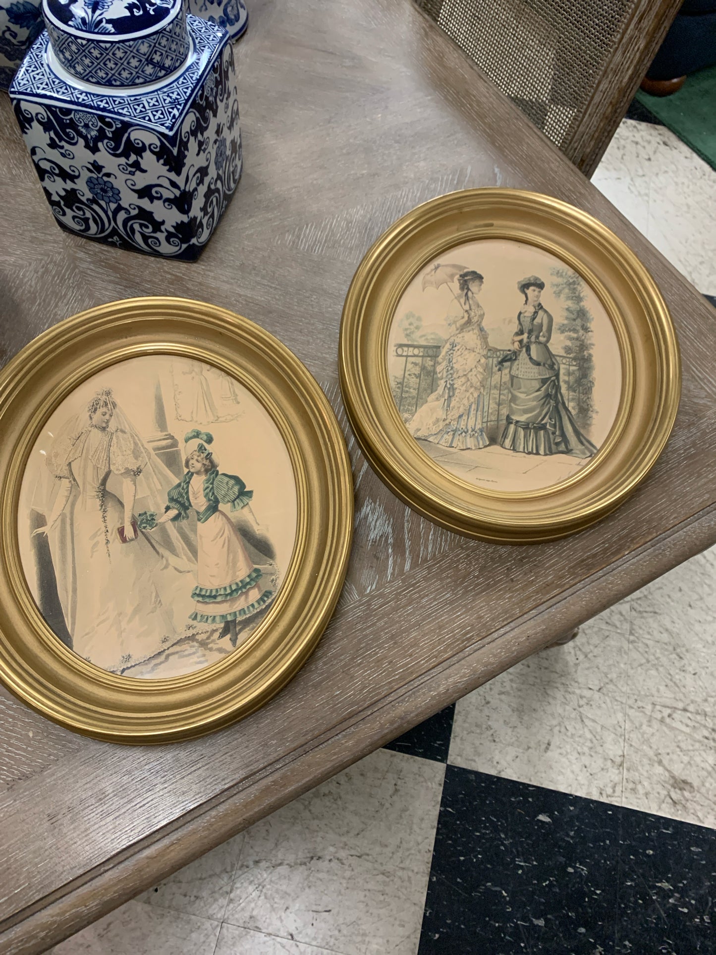 PAIR - Vintage Oval Victorian Prints in Gold Frame