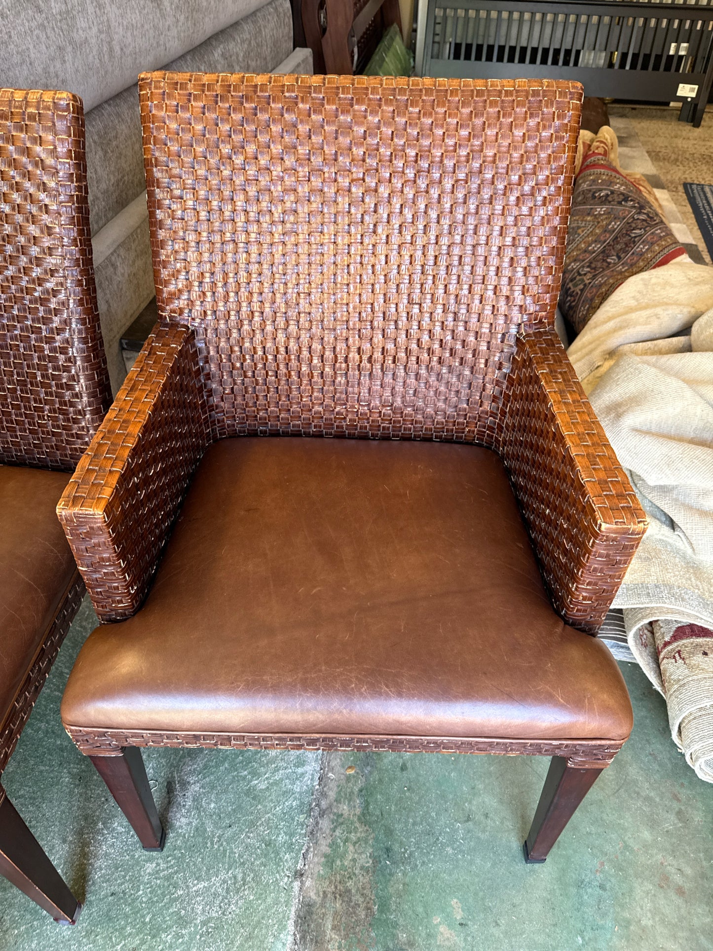 Henredon-Dining Woven Leather Chair Set (4 Armless & 2 w/ Arm)