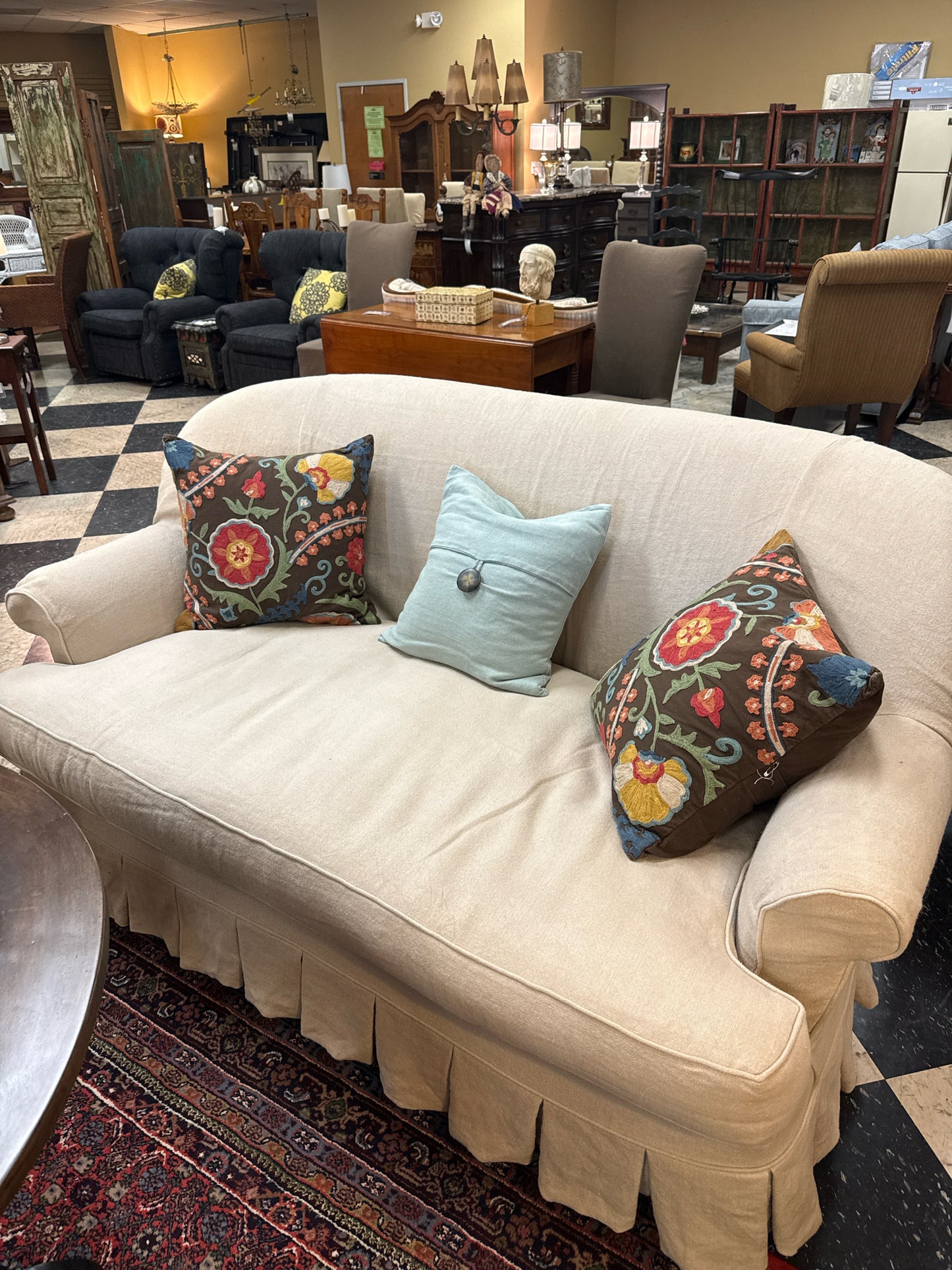 Camel-back Style Settee with Cream Linen Slip Cover w/Dress-maker Skirt